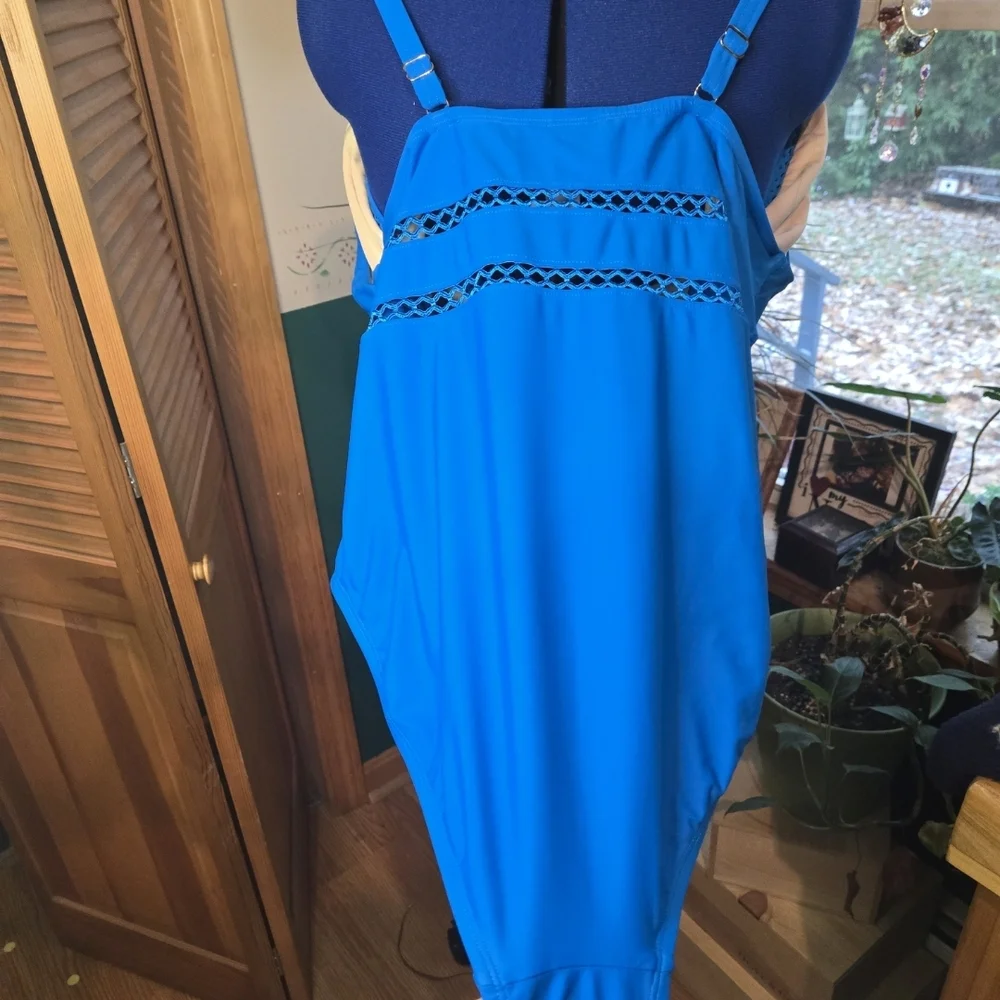Swimsuits For All Electric Blue V-Neck One-Piece with Crochet Banding - Picture 2 of 4